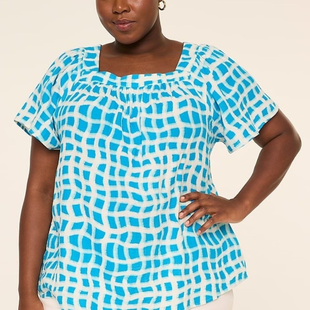 Lane Bryant Flutter-Sleeve Square-Neck Gauze Top in Cream and Blue Wavy Plaid